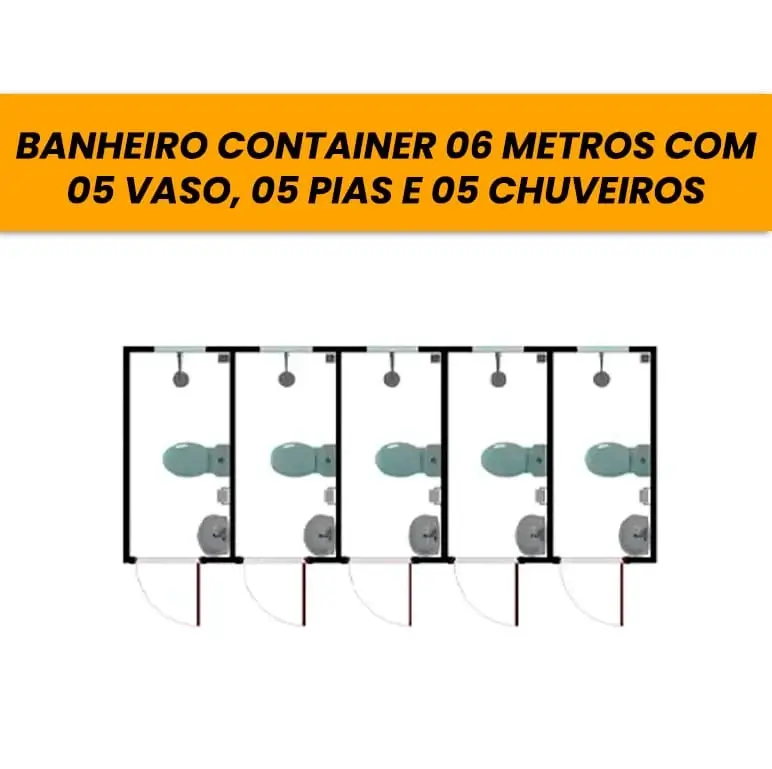 Banheiro Container 06 Metros com 05 Vaso, 05 Pia e 05 Chuveiro